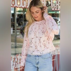 Free People Olivia Lace Tee Top XS Pink- oversized